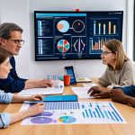 **

A diverse group of researchers from different fields (medicine, engineering, environmental science, social science) collaborating around a table covered with data, charts, and diagrams. Include AI interfaces displaying complex data analysis in the background. The setting is a modern, brightly lit research lab. The overall mood should convey innovation and problem-solving.

**